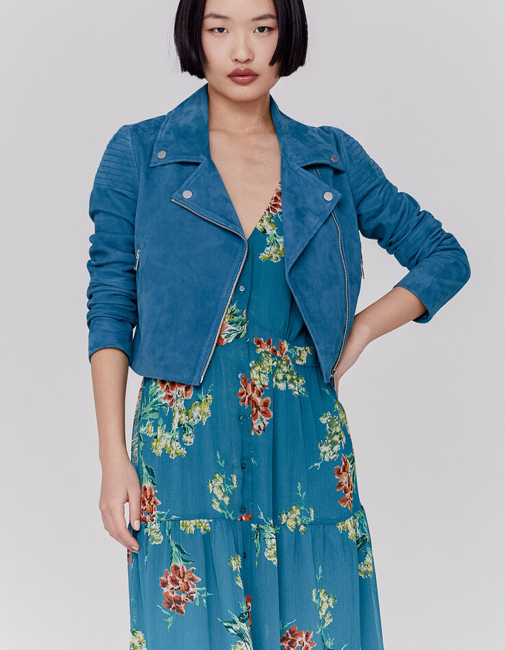 Women’s emerald blue goatskin suede short jacket-2 Women’s emerald blue goatskin suede short jacket-2