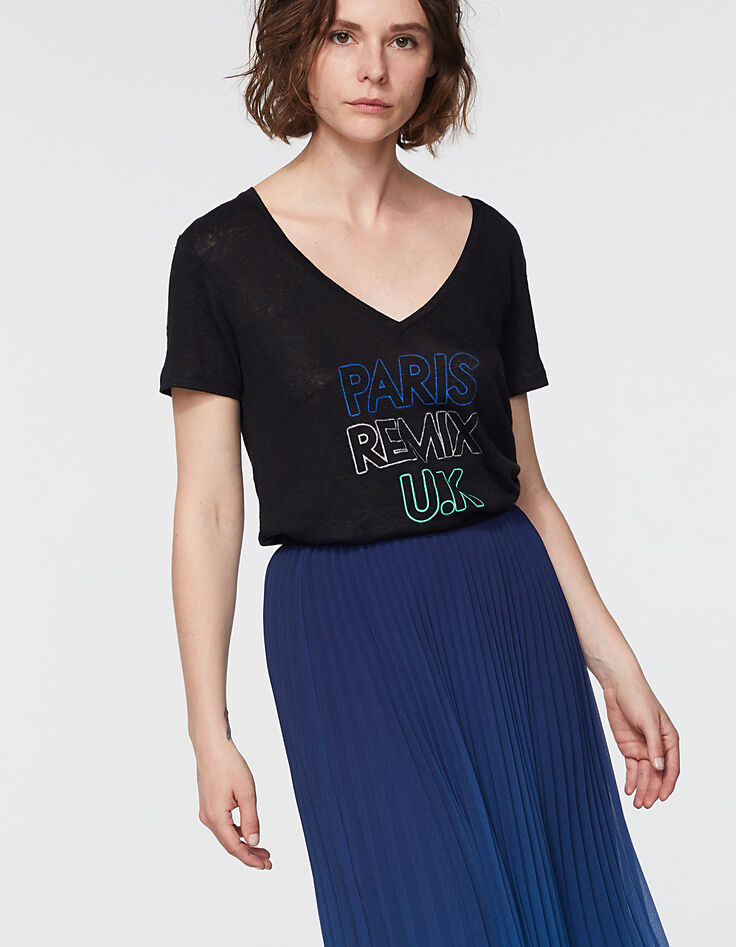 Tee-shirt col V en lin visuel "Paris Remix UK" femme-2
