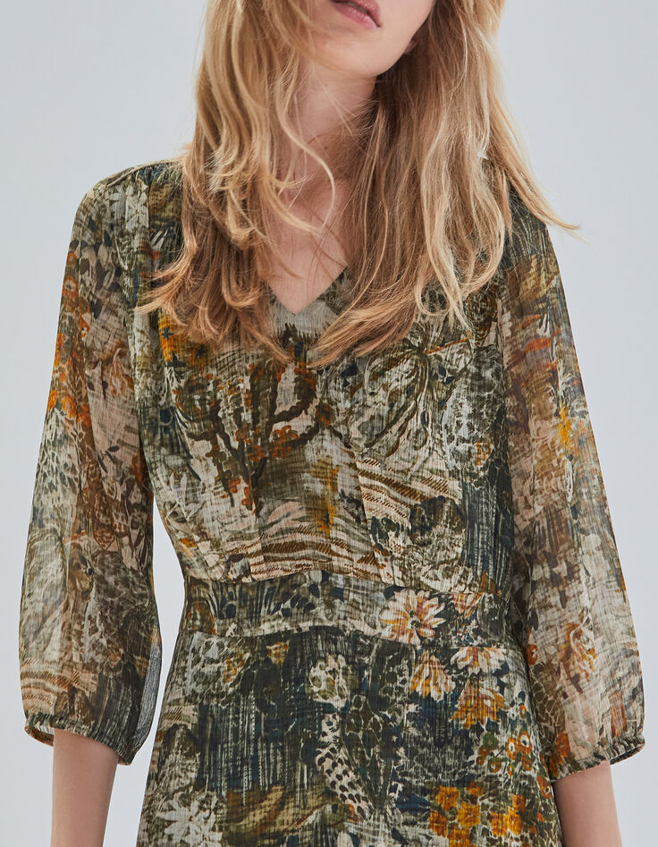 Women’s khaki landscape print long dress-5