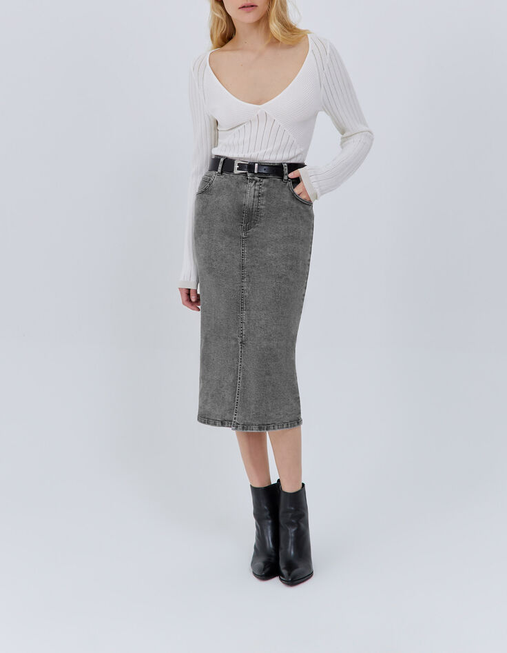 Jupe crayon en jean gris Femme-1