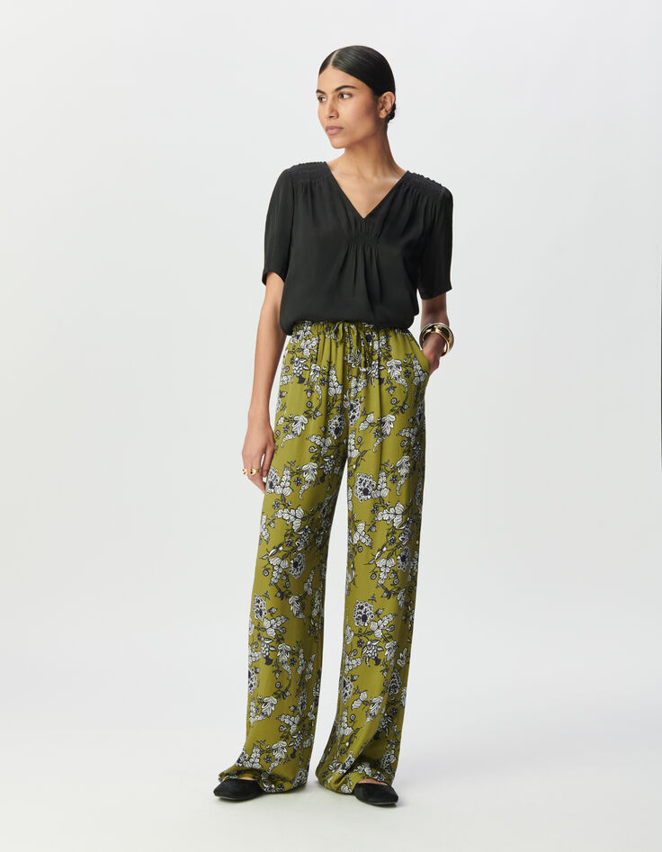 Groene vloeiende wideleg broek bloemenprint Dames-1 Groene vloeiende wideleg broek bloemenprint Dames-1