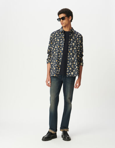 Marineblaues SLIM-Herrenhemd beiger Blumenprint - IKKS