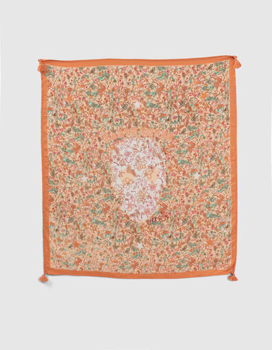 Quadratischer, orangefarbener M&auml;dchenschal mit Blumenprint - IKKS