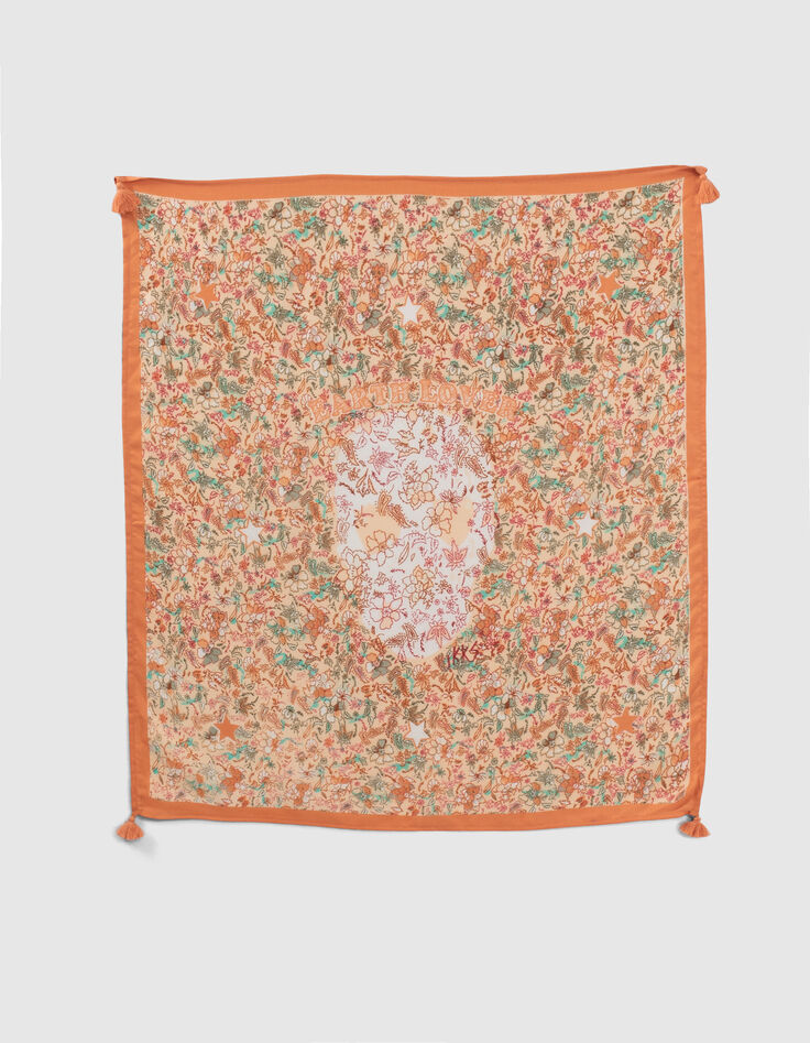 Quadratischer, orangefarbener M&auml;dchenschal mit Blumenprint-1