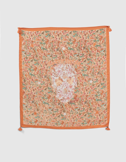 Girls’ orangey floral print square scarf