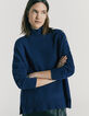 Pull col montant en laine bleu marine boutons épaule femme-2