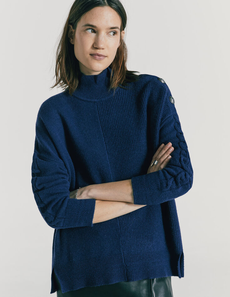 Pull col montant en laine bleu marine boutons épaule femme-2