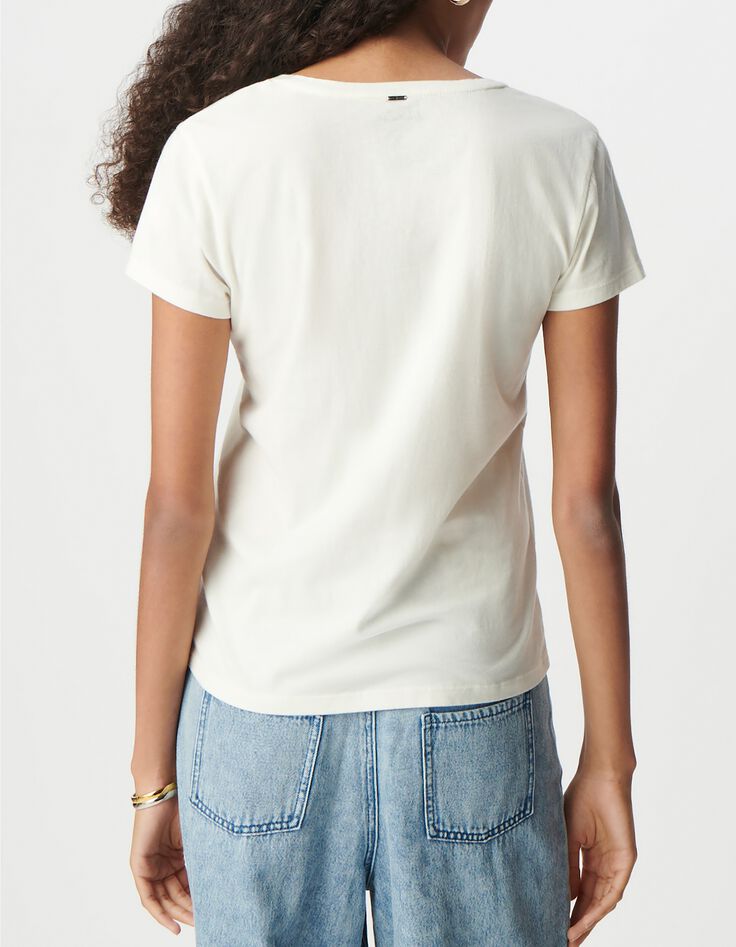 Camiseta blanca de mujer de algod&oacute;n org&aacute;nico con mensaje y rayas BLONDIE-3