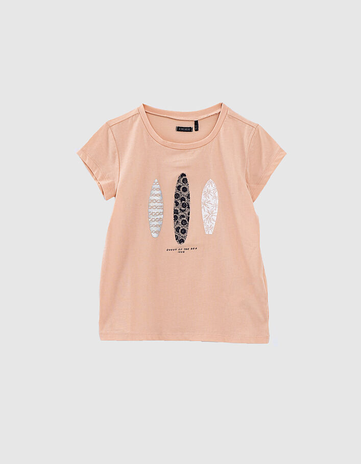 Girls’ powder pink motif-surfboard image T-shirt - IKKS