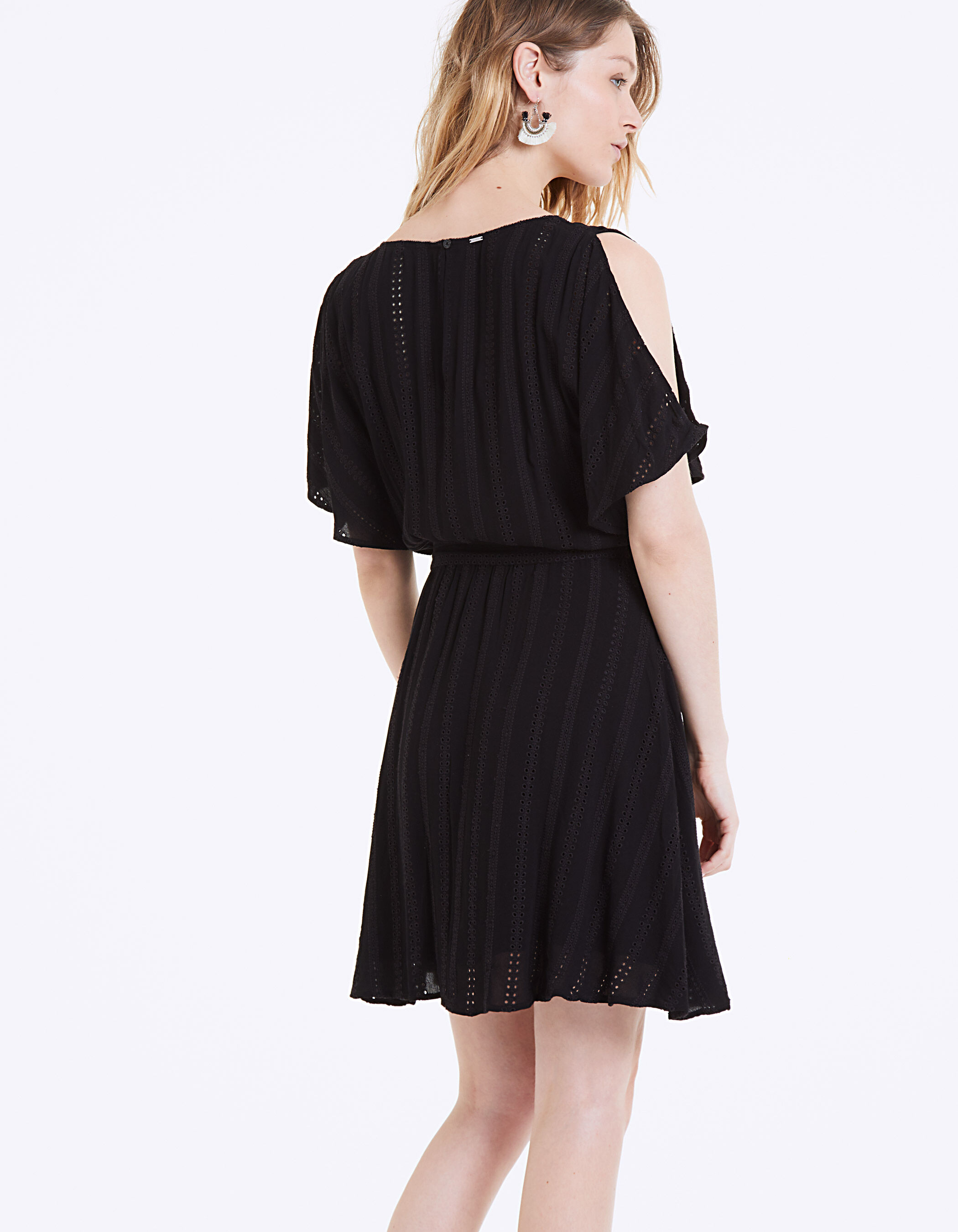Black beaded eyelet embroidery fitted dress