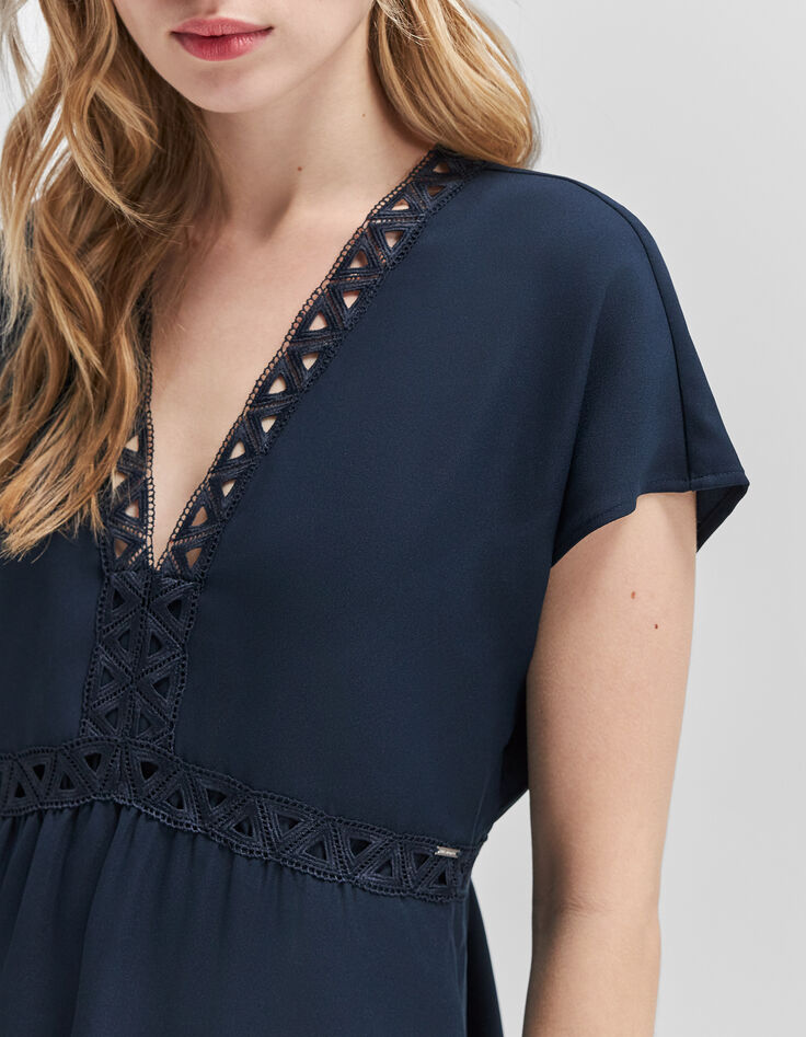 Robe marine recyclée ganses dentelle Femme-4
