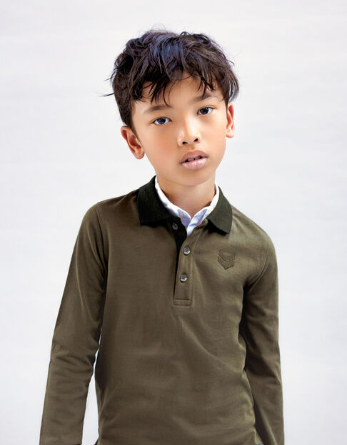 Boys’ khaki polo shirt with trompe-l'oeil shirt collar