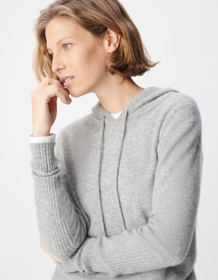 Pull &agrave; capuche gris tricot 100% cachemire Femme-4