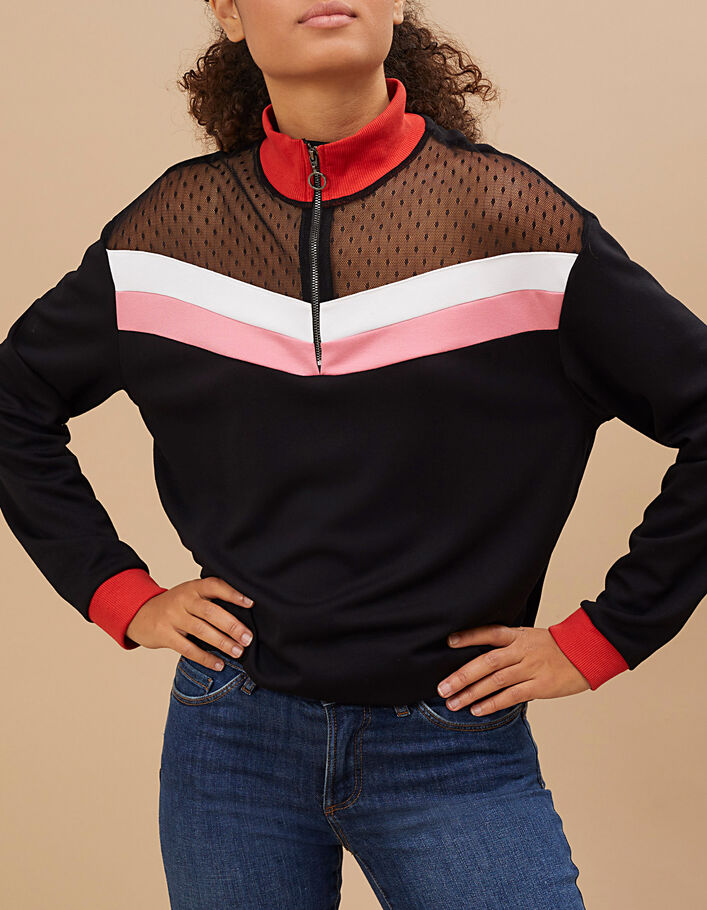 I.Code black top with two-tone stripes and zipped neck - I.CODE