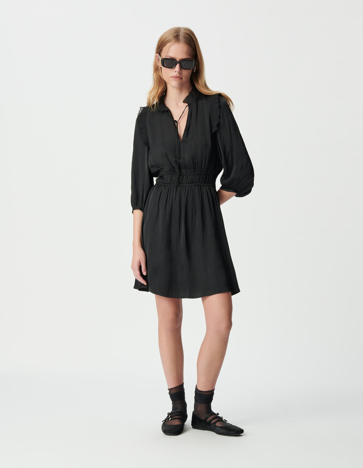 Women's black crushed satin dress with pleated ruffles IKKS
