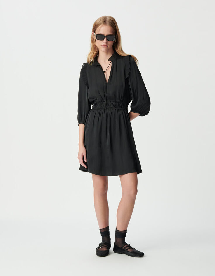 Schwarzes Damensatinkleid Plisseerüschen-1