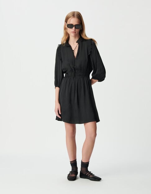 Schwarzes Damensatinkleid Plisseerüschen Schwarzes Damensatinkleid Plisseerüschen - IKKS