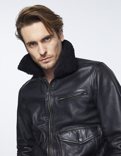Men’s black Sherpa collar leather jacket - IKKS