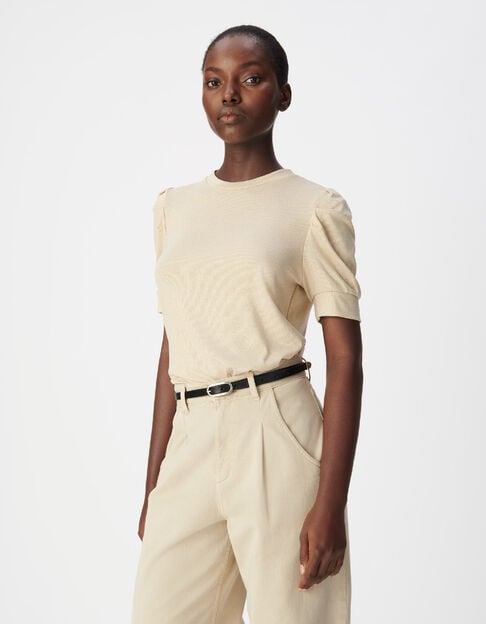 Women's gold sequined round neck tee with gathered sleeves - IKKS