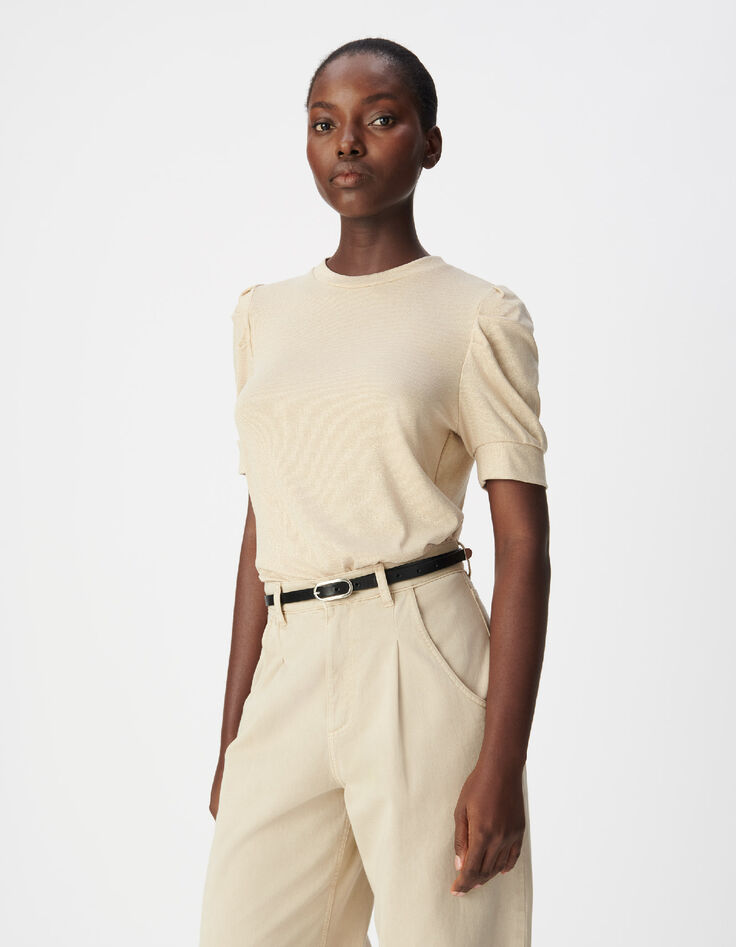 Tee-shirt col rond dor&eacute; paillet&eacute; manches fronc&eacute;es Femme-2