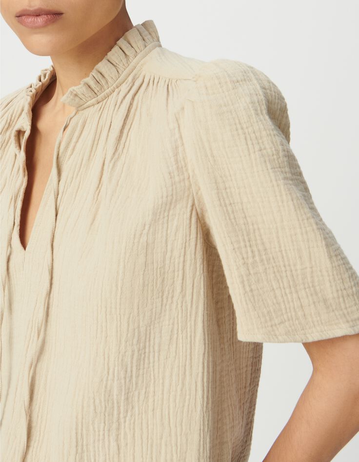 Top en gaze de coton beige clair pour femme-5