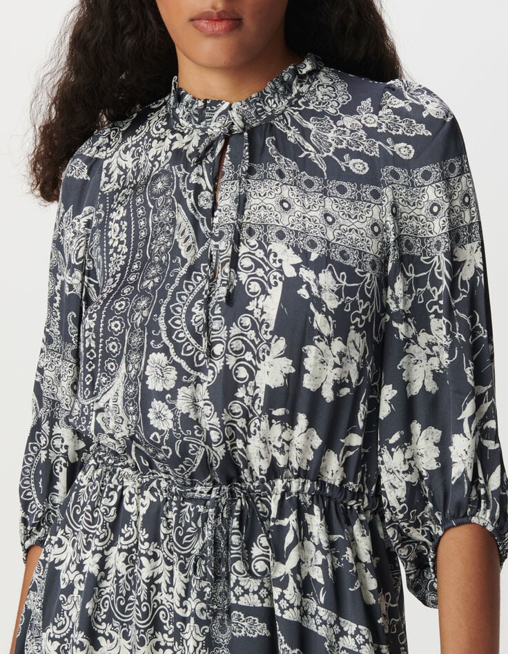 Women's grey blue satin long dress with scarf print-4