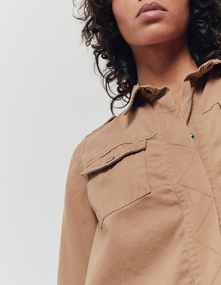 Women’s beige long safari-style jacket with motif on back-5