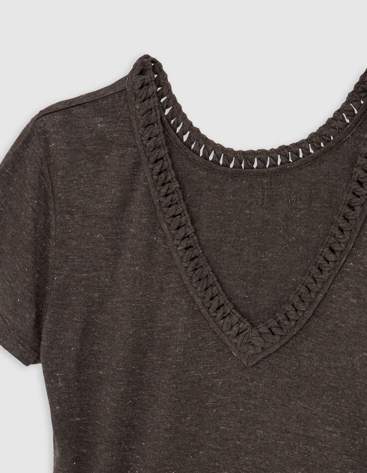 Brons omkeerbaar T-shirt lurex vlecht V-hals Dames-8