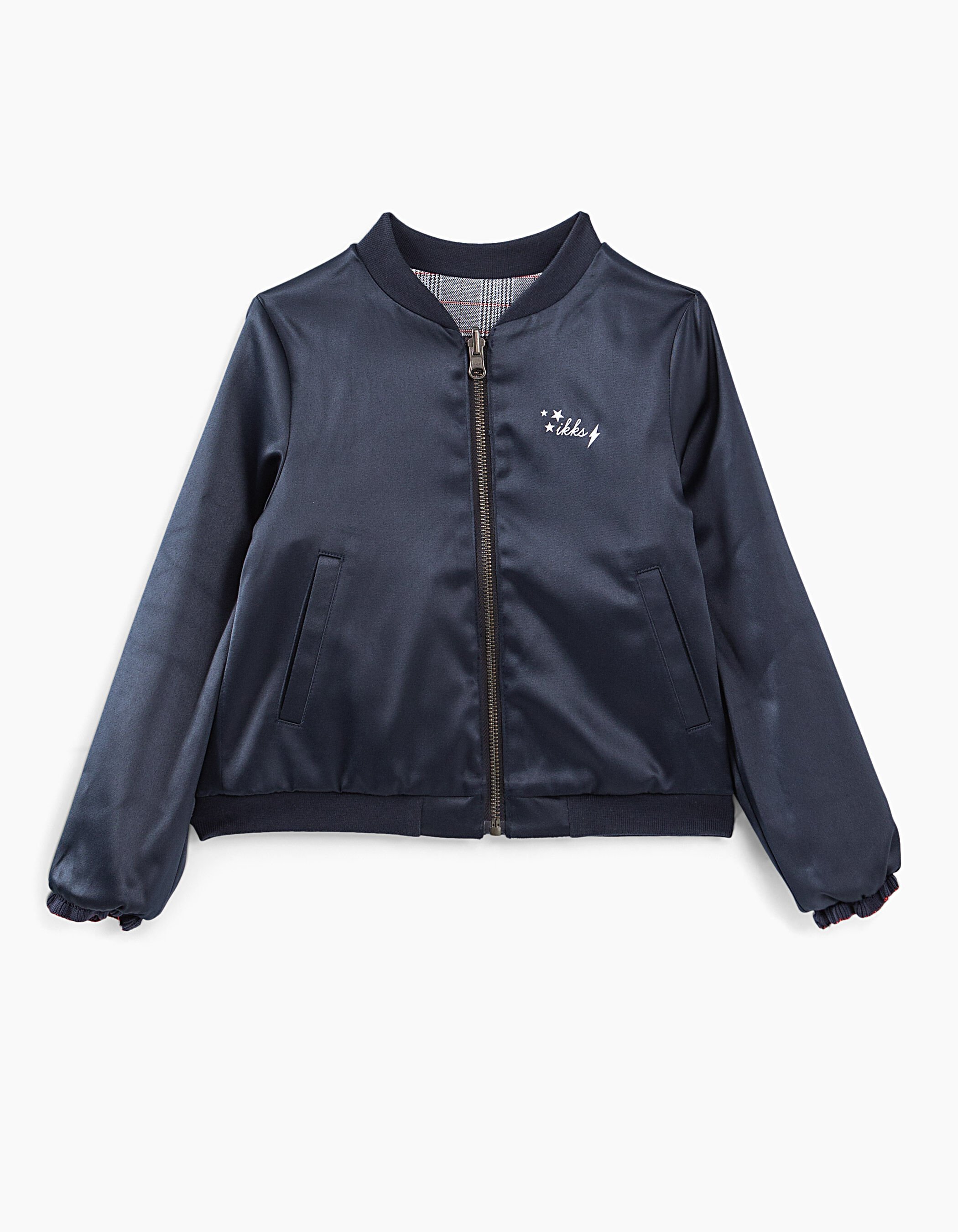 Girls navy Prince of Wales check satin reversible bomber