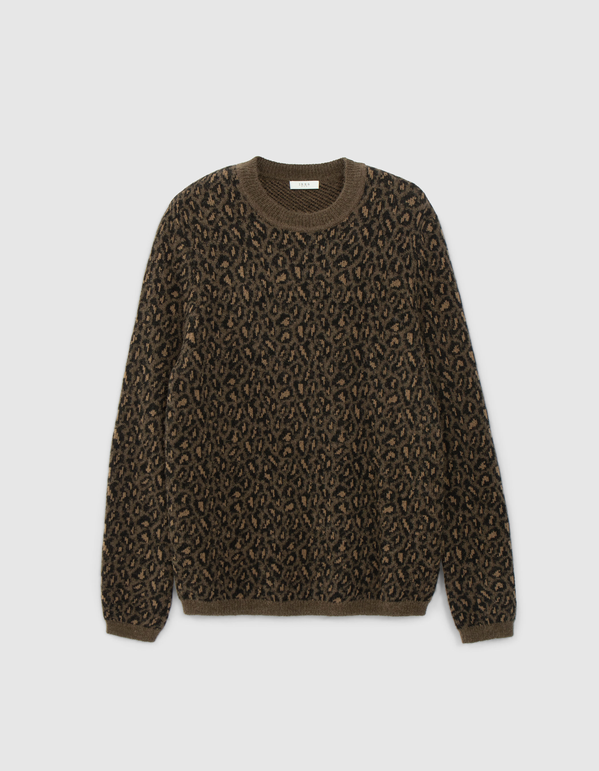 Pull beige tricot jacquard motif leopard Homme IKKS
