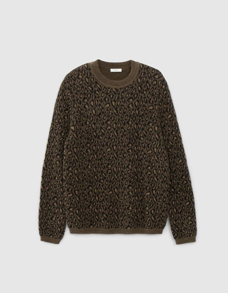 Pull beige tricot jacquard motif l&eacute;opard Homme-5