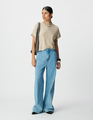 Camiseta manga corta beige lúrex punto calado mujer - IKKS