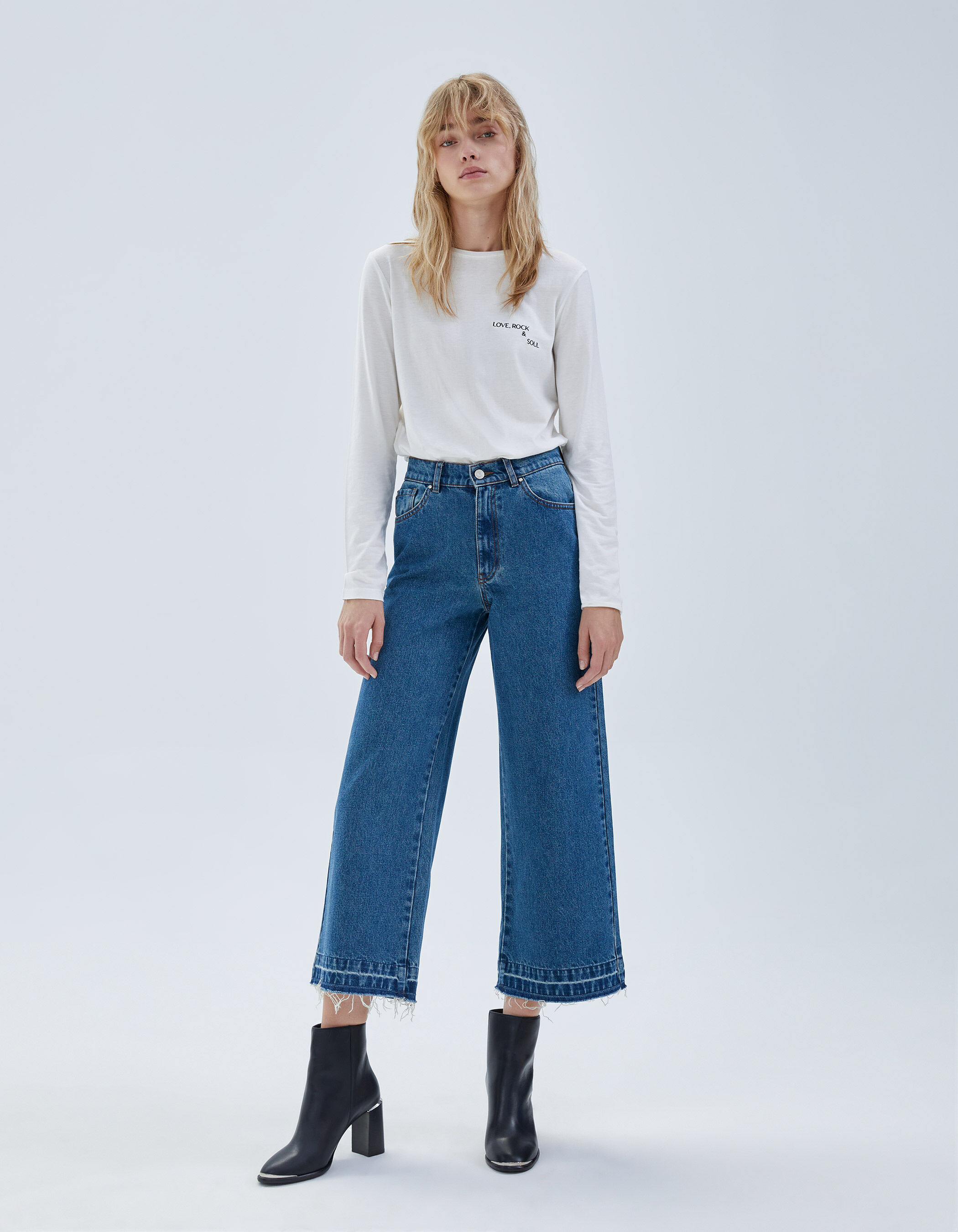 Jean large bleu taille haute 7 8e bas frang s Femme