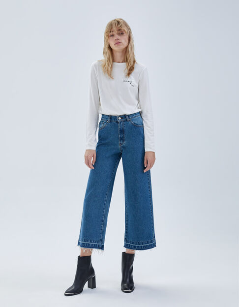 Blauwe wijde jeans hoge taille 7/8 franjes Dames 