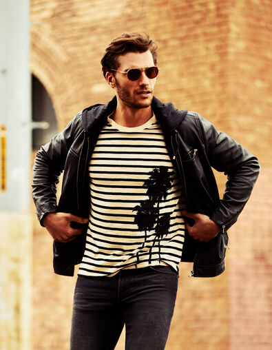 Blouson en cuir noir à capuche Homme - IKKS