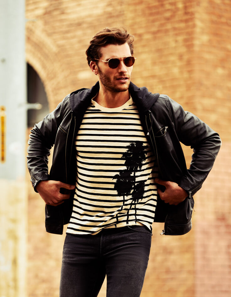 Blouson en cuir noir à capuche Homme-1