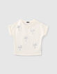 Ecru T-shirt met geborduurde palmen en lovertjes meisjes-1