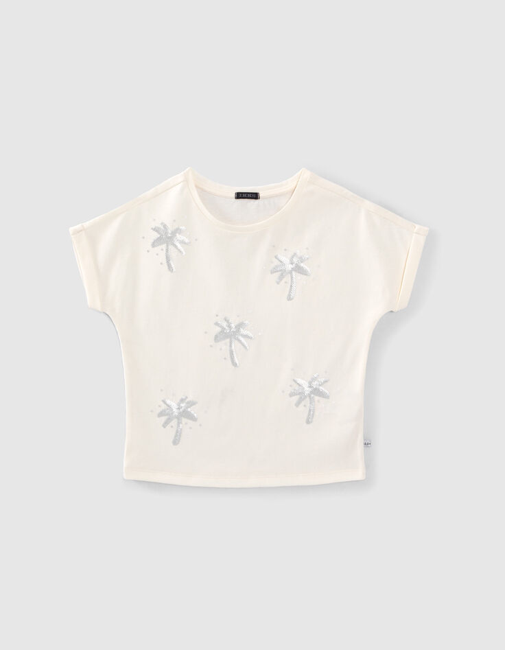 Ecru T-shirt met geborduurde palmen en lovertjes meisjes-1
