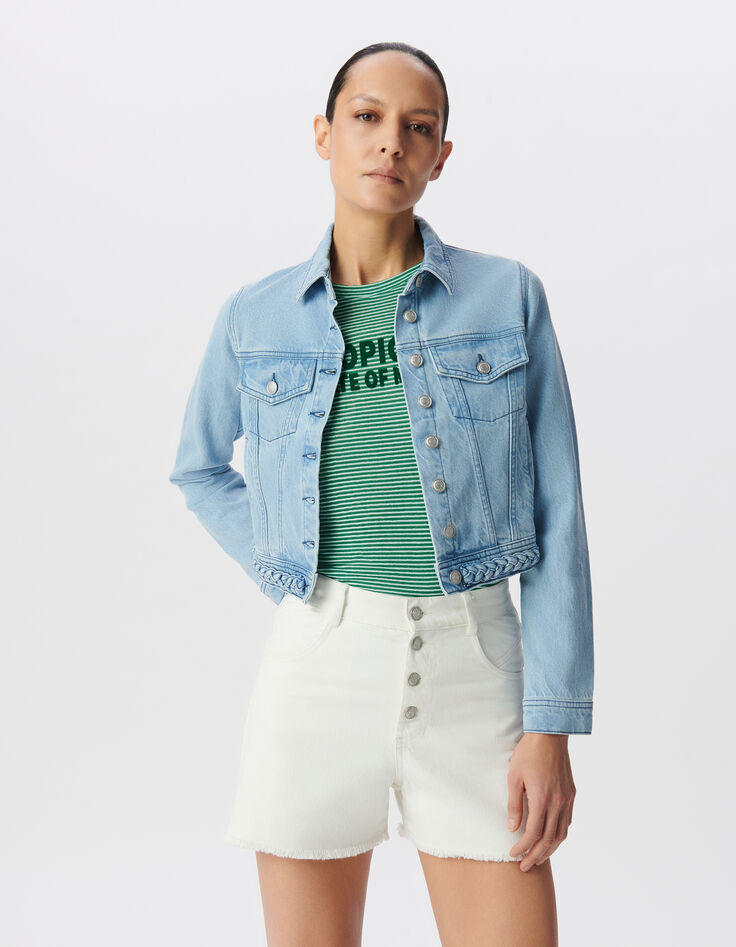 Hellblaue Jeansjacke ohne Zopfmuster Damen-2