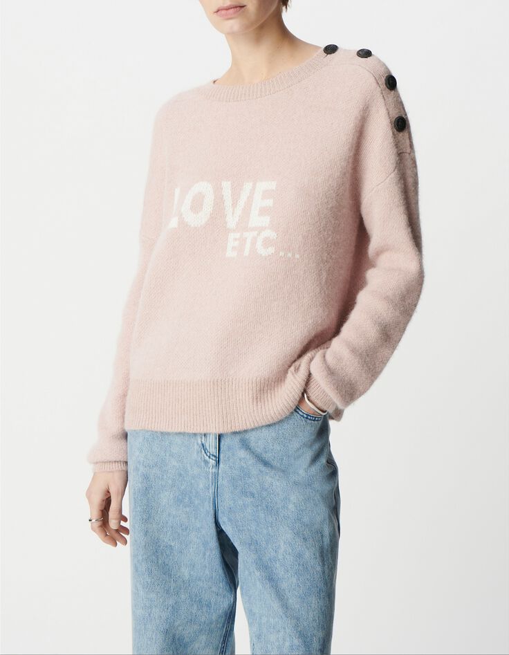 Pull alpaga m&eacute;lang&eacute; rose jacquard message et boutons Femme-2