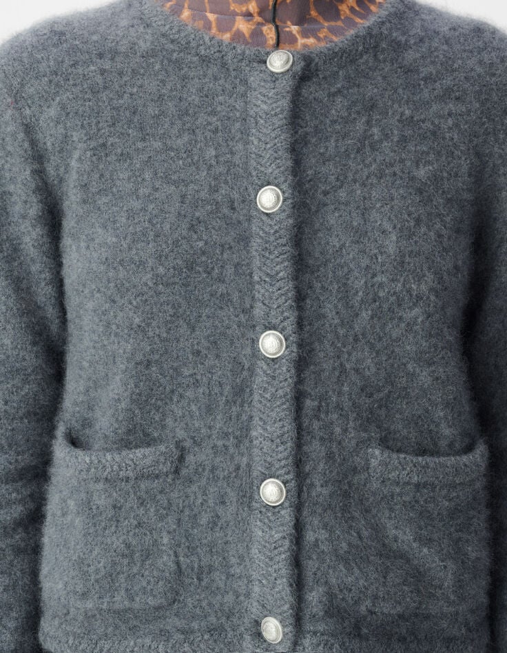 Cardigan gris tricot mousseux 100% laine Femme-4