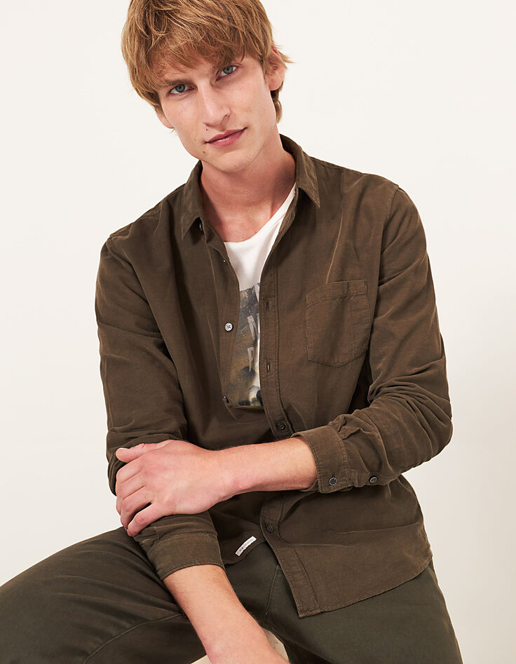 Chemise SLIM dark kaki velours milleraies Homme-1