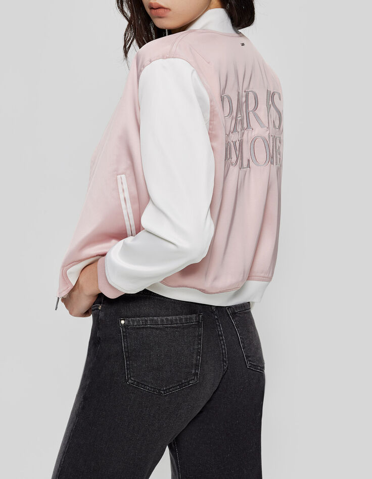 Blouson teddy rose et blanc badges et broderies dos Femme-3