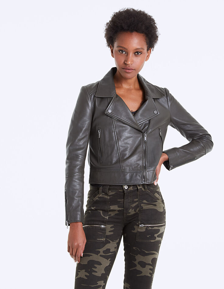 Blouson kaki en cuir d'agneau détails zips femme-2