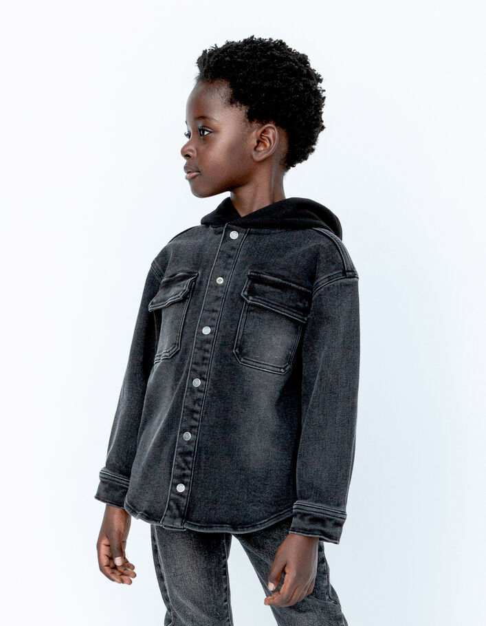 Graues Jungenjeanshemd mit Sweatkapuze-1