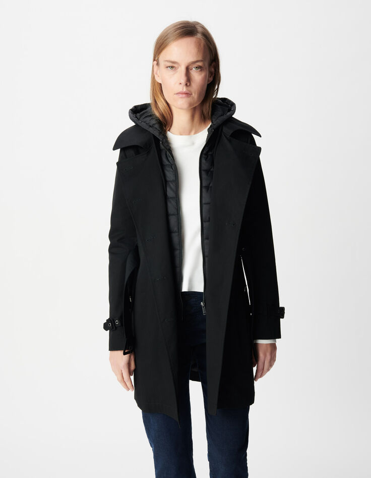 Zwarte trenchcoat voor Dames met afneembare nylon capuchon-5
