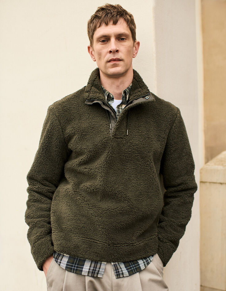 Sudadera caqui punto sherpa cuello cremallera hombre-1