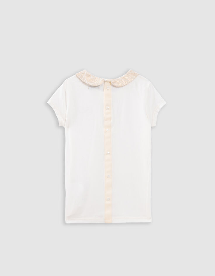 Ecru Mädchen-T-Shirt, Bubikragen, Jacquardknöpfen hinten-3