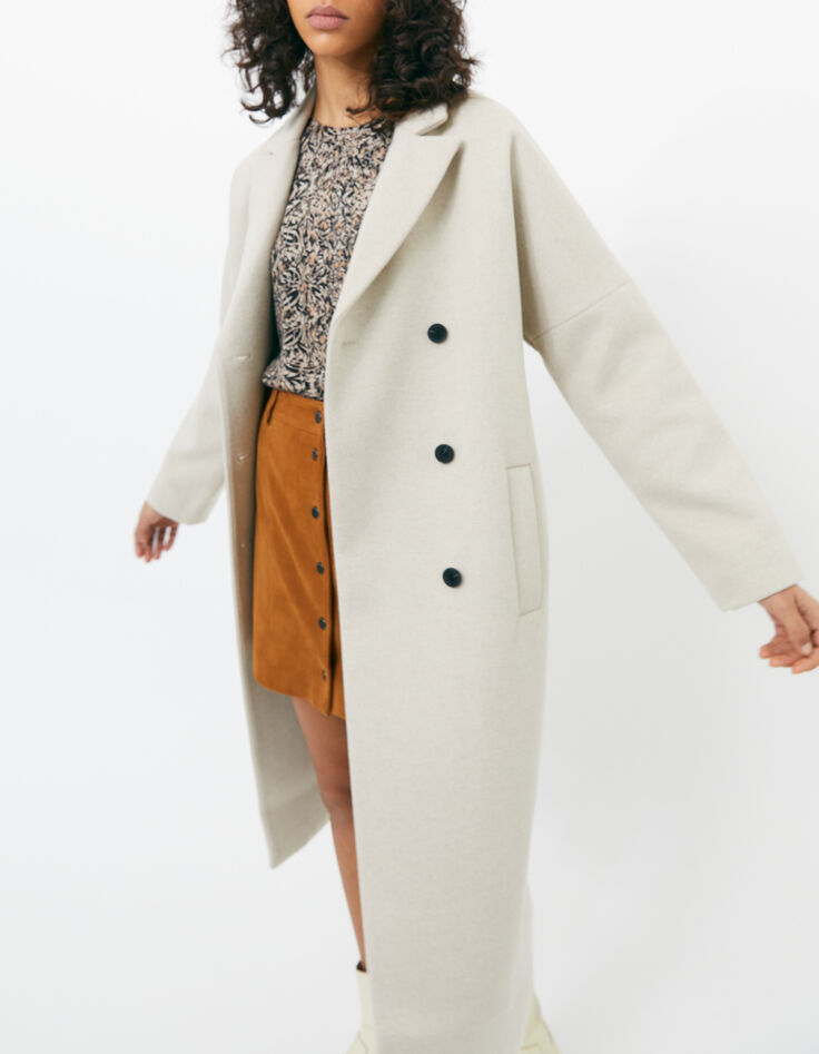 Manteau long blanc en drap de laine recyclé mélangé femme-6