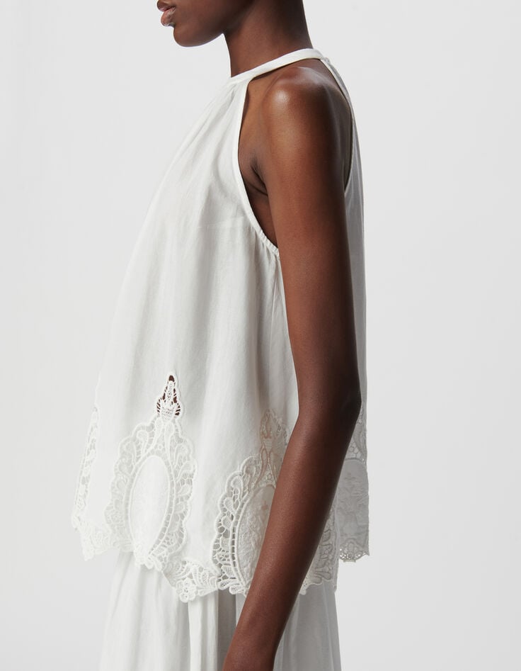 Top ample blanc d&eacute;cor broderie dentelle Femme-4